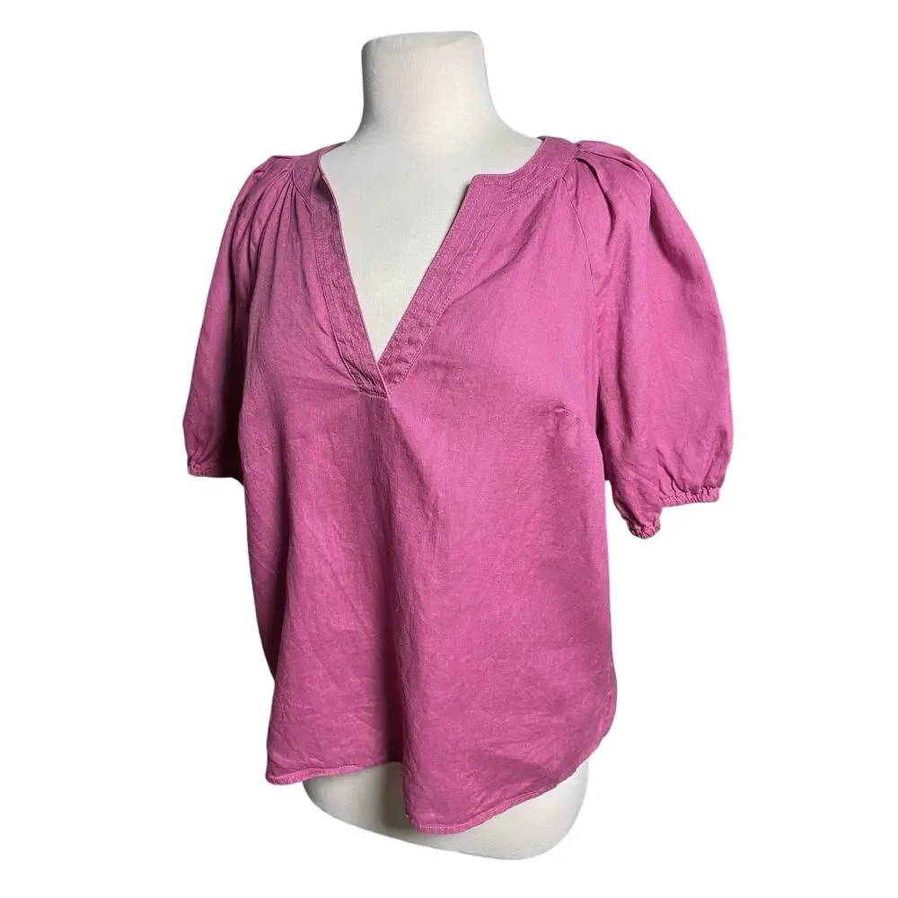 BODEN Women’s Linen Puff Sleeve Split Neck Popover Orchid Blouse